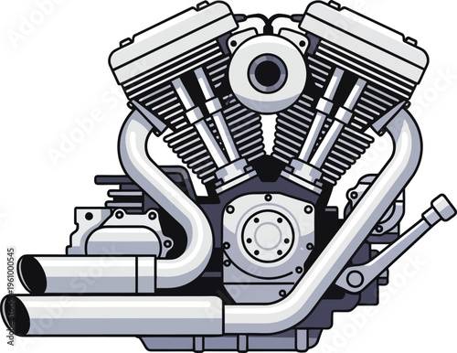 Detailed illustration of a classic V-twin motorcycle engine with exhaust pipes.