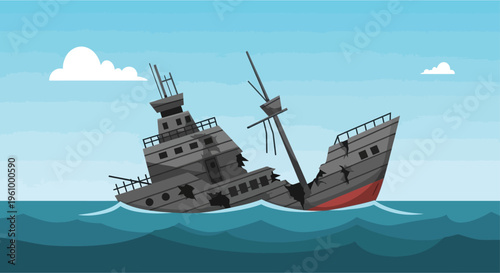 A cartoon illustration of a sunken shipwreck with a broken hull and masts partially submerged in the blue ocean under a clear sky.