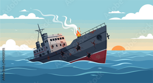 A damaged ship with smoke and fire sinking in the ocean at sunset, illustrating a maritime disaster.