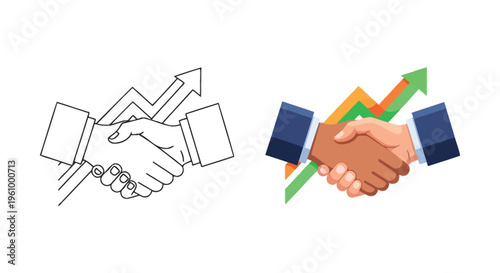 Business partnership handshake illustration with growing graph and arrows