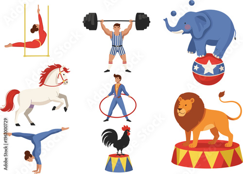 Circus Performance Collection with Acrobat, Strongman, Lion, Elephant, Horse, and Clown Acts for Entertainment Show Design and Festival Illustrations