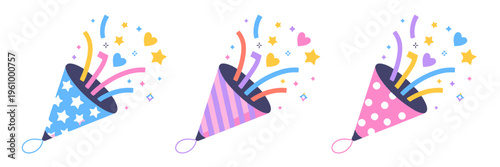 Colorful party hats with confetti and stars