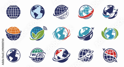 Collection of globe icons representing global travel, communication, and environment
