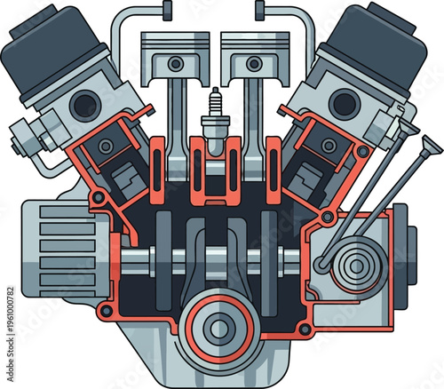 Detailed Cross-Section View of a V-Engine with Pistons and Crankshaft.