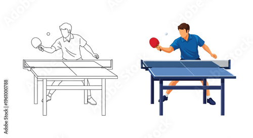 Vector illustration of men playing table tennis with rackets and balls