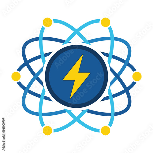 Electricity atom symbol with yellow lightning bolt on blue background