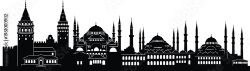 Istanbul historic skyline silhouette featuring Hagia Sophia, Blue Mosque and Ottoman architecture with domes and minarets forming iconic Turkey cityscape isolated background
