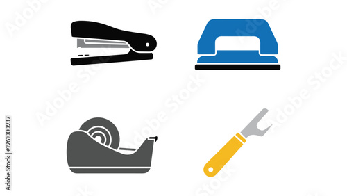 Assorted office and craft tools displayed in a simple layout