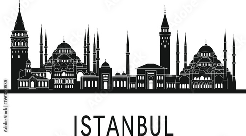 Istanbul skyline silhouette featuring historic mosques with domes and minarets forming iconic Turkey cityscape with Islamic architecture isolated on light background
