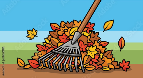 A cartoon illustration of a metal rake pushing a large pile of colorful autumn leaves on the ground under a blue sky.
