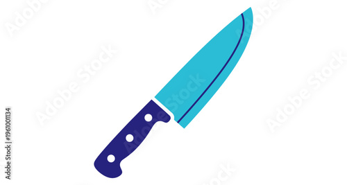 Chef Knife Blue Handle Cutting Blade Kitchen Utensil Isolated White Background Minimalist