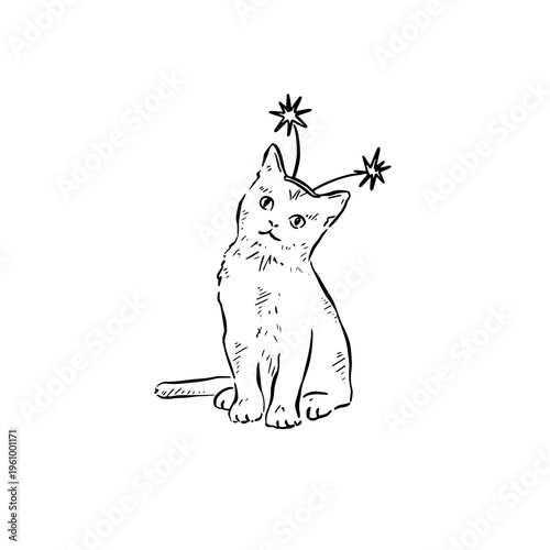 Kitten sitting down with teeny boppers on head. A nineties themed head decoration.