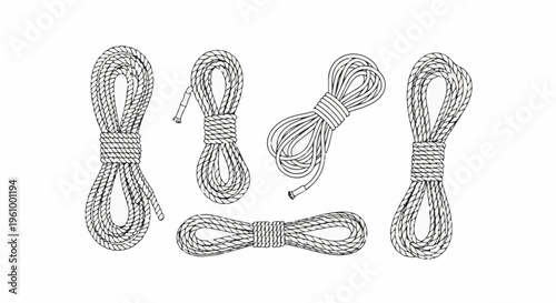 Collection of five coiled ropes with different formations