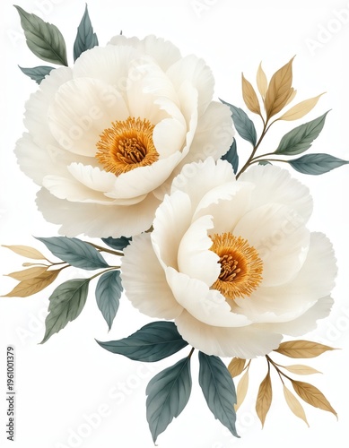 Elegant white peonies with gold eucalyptus leaves and muted green foliage. Delicate floral art on clean white background. Romantic, luxury botanical composition perfect for invitations, decor.