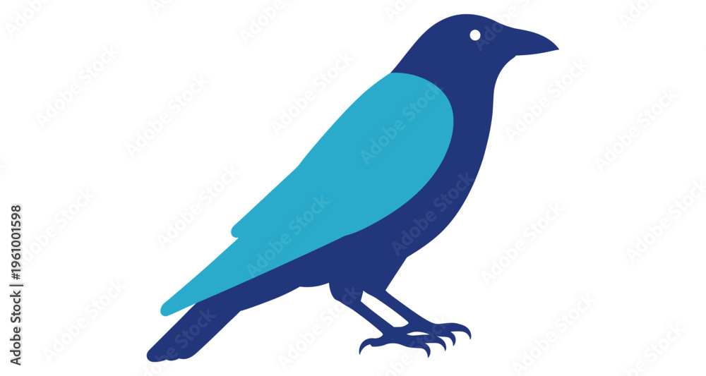 Naklejka premium Dark Blue Bird Silhouette with Light Blue Wing Detail Standing on White Background Minimalist