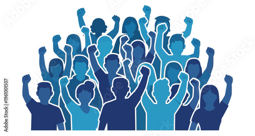 Crowd of People Raising Fists in Solidarity Blue Silhouettes Protest Movement Activism Community Support