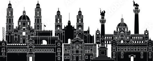 Madrid skyline silhouette with famous landmarks and historic Spanish architecture isolated on white background, detailed cityscape illustration for travel and tourism design
