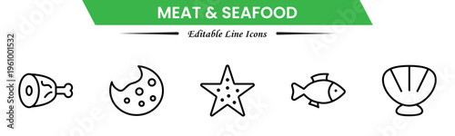 Meat and seafood icons depicting steaks, fish, shrimp, chicken, fillets, shellfish, cooking, grilling, freshness, protein, nutrition, butchery, cuisine, preparation, and ingredients.