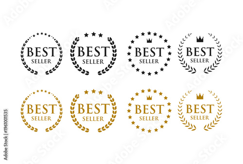 Award laurel wreath best seller icons set. Black badges with stars crowns and leaf frames isolated on transparant background