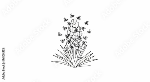 Delicate line art depicts bees swarming a tall flower with spiky leaves
