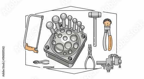 Collection of jewelers' tools including a vise, hammers, and pliers