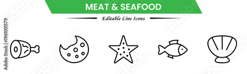 Meat and seafood icons depicting steaks, fish, shrimp, chicken, fillets, shellfish, cooking, grilling, freshness, protein, nutrition, butchery, cuisine, preparation, and ingredients.