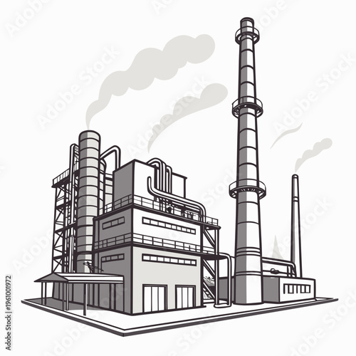 Industrial factory with smokestacks and pipes emitting smoke