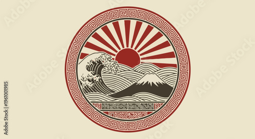 Circular emblem depicting rising sun over ocean waves and mountain