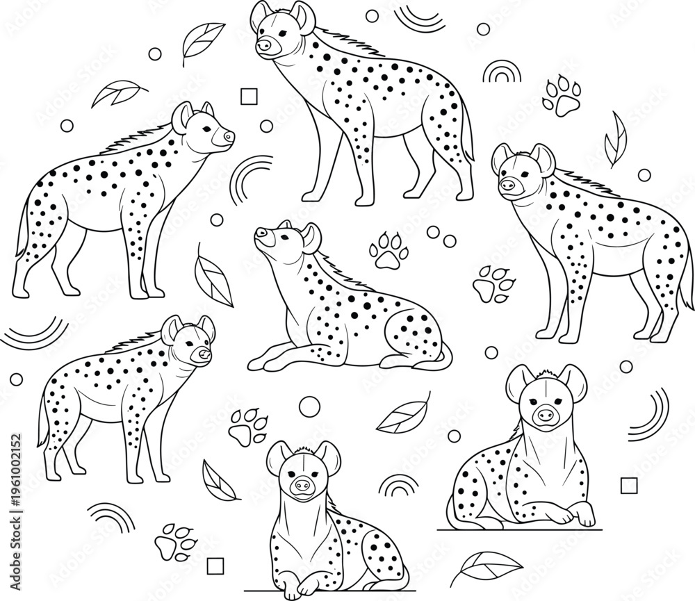 Obraz premium Hand Drawn Hyena Outline Collection Featuring Wildlife Animal Characters in Different Poses for Coloring Book, Safari Theme, Nature Illustration, and Vector Design Set.