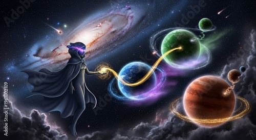 Woman Controlling Planetary Orbits.