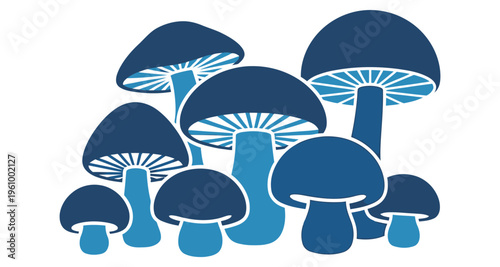 Group of Blue Mushrooms Growing Together Detailed Gills Flat Design