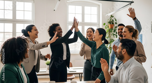 Team Celebration in Bright Office: A diverse group of colleagues exude joy and camaraderie as they celebrate a shared success within the modern workspace setting.  