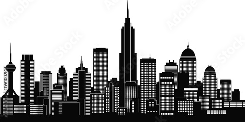 Modern city skyline silhouette with tall skyscrapers and urban buildings isolated on white background, detailed metropolitan cityscape illustration for architecture and travel design