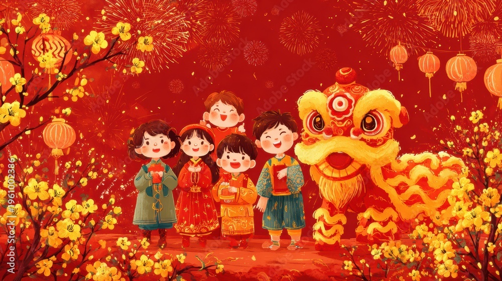 Fototapeta premium Chinese traditional lunar new year Spring Festival celebration in Asia. A vibrant Chinese New Year celebration with children in traditional Chinese clothing, a lion dance.