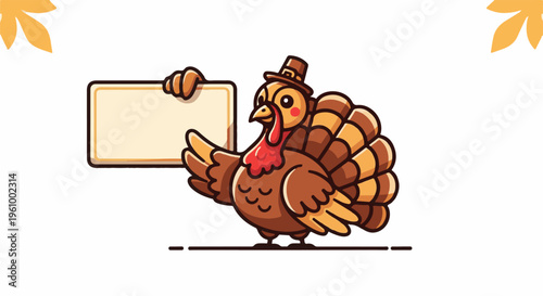 Cute cartoon turkey wearing a hat holds a blank sign and autumn leaves frame the scene