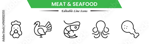 Meat and seafood icons depicting steaks, fish, shrimp, chicken, fillets, shellfish, cooking, grilling, freshness, protein, nutrition, butchery, cuisine, preparation, and ingredients.