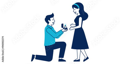 Man Proposing Marriage Kneeling Holding Ring Box To Woman Romantic Gesture Simple Flat Design