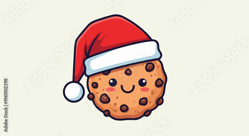 Cute chocolate chip cookie character wearing a Santa hat, smiling happily