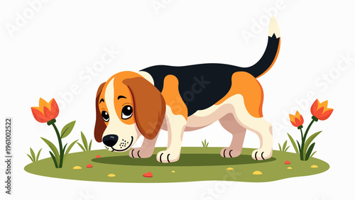 Cute cartoon beagle dog walking happily for pet shop logos playful animal graphics and veterinary care design concepts.