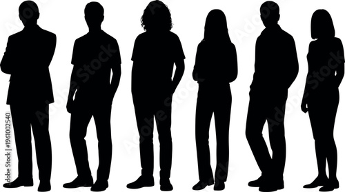 Silhouette group of diverse people standing in casual poses, men and women full body isolated human figures collection illustration