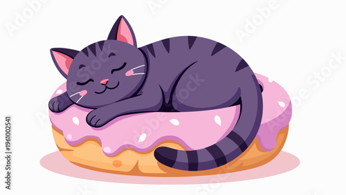 Cute cartoon grey cat sleeping peacefully curled up for pet care concepts cozy animal graphics and veterinary clinic design.