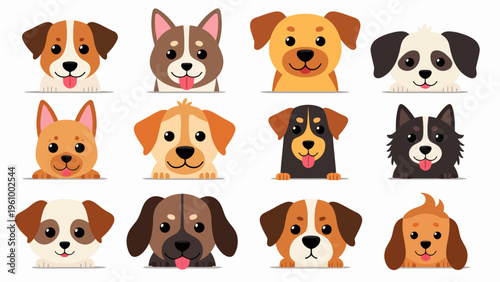 Collection of cute cartoon dog faces featuring various breeds for pet shop logos veterinary clinic graphics and playful animal design elements.