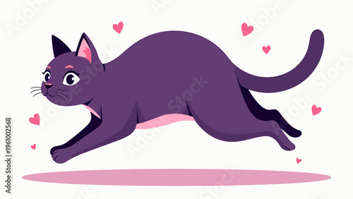 Cute cartoon purple cat stretching playfully for pet care concepts fun animal graphics and veterinary clinic design.