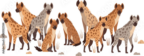 Hyena Pack Illustration Featuring African Savanna Wildlife Group in Natural Habitat for Safari, Nature, and Animal Behavior Design Projects.