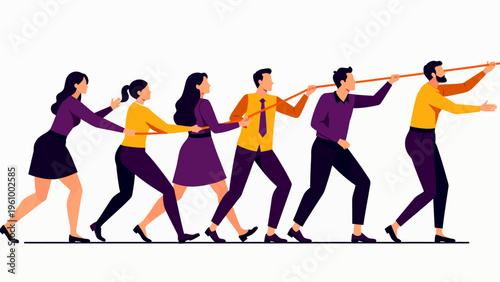 Flat vector illustration of a business team pulling a rope together for teamwork concepts collaborative effort and corporate synergy design.