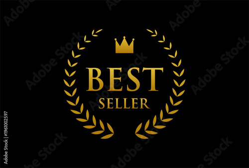 Best seller icon design with laurel, best seller badge logo illustration template vector on black background