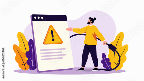 Playful flat vector illustration of people repairing a giant computer error alert for website maintenance tech support concepts and system troubleshooting design.