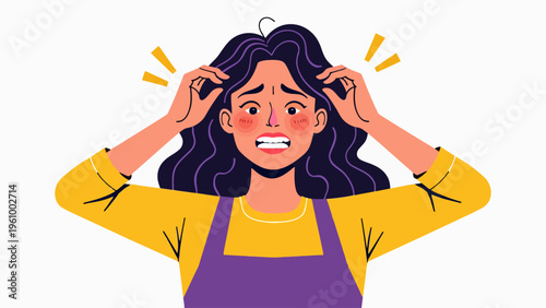 Flat vector illustration of an exhausted business woman sitting at her desk holding her head for workplace stress concepts burnout and corporate fatigue design.