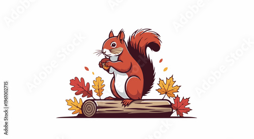 Cute squirrel holding acorn on a log surrounded by autumn leaves