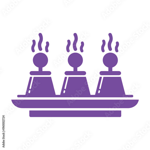 Three aromatic essential oil diffusers on tray purple silhouette calming atmosphere spa relaxation aromatherapy concept simple design